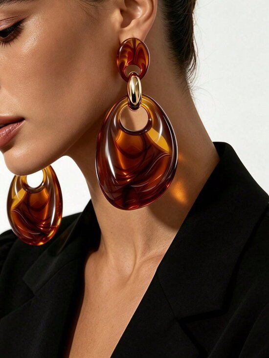 Jewelry - Women's statement Tortoise Shell Asymmetrical Oval Long Dangle earrings